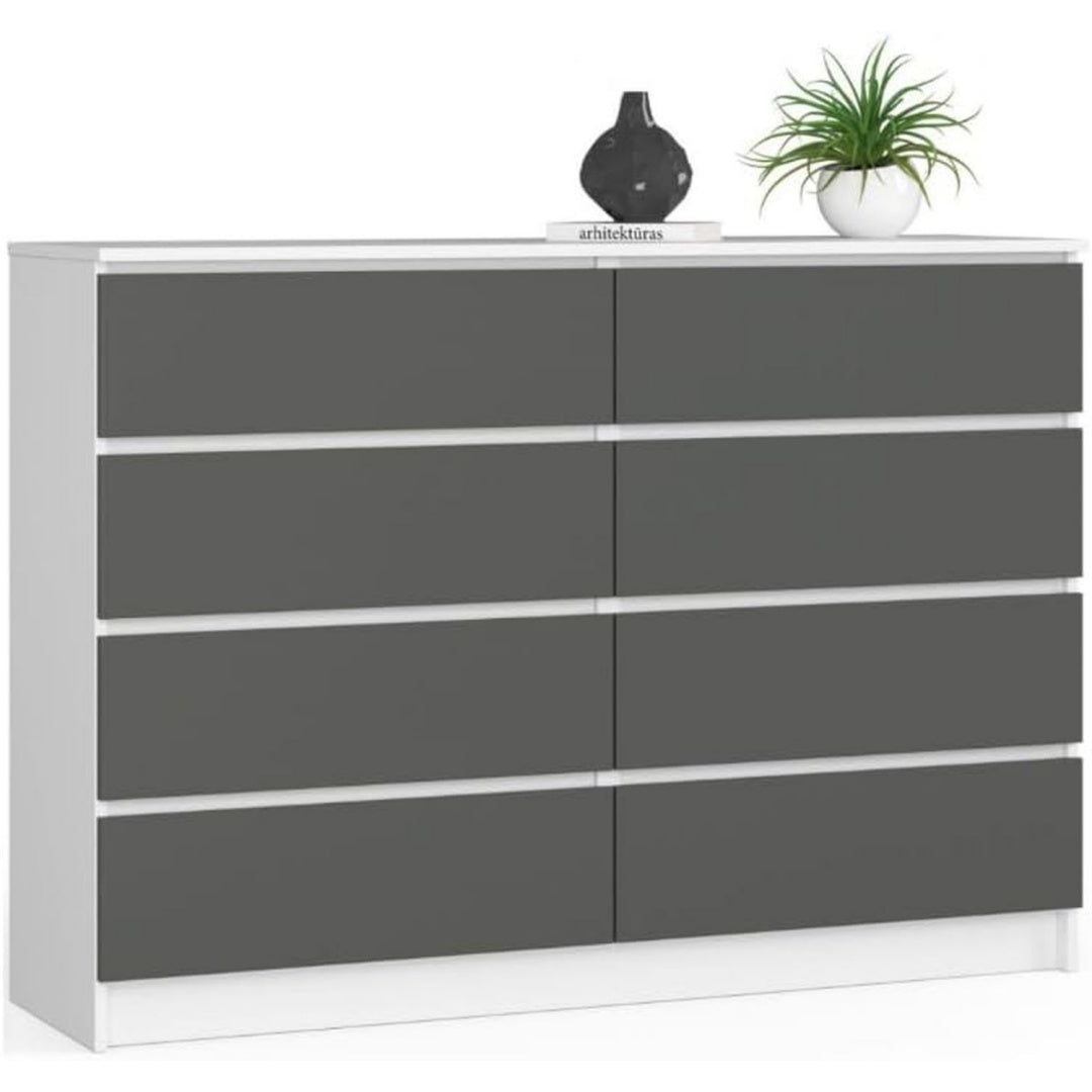 Commode decor chene gris fonce 8 tiroirs laque brillant