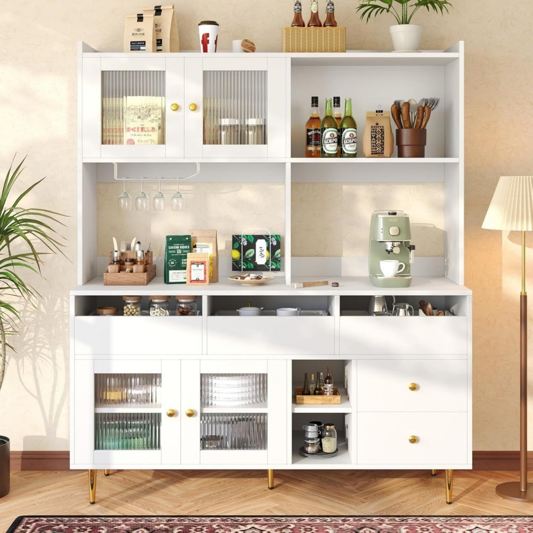 Buffet haut gris clair 145 x 39 x 171 cm 5 tiroirs moderne