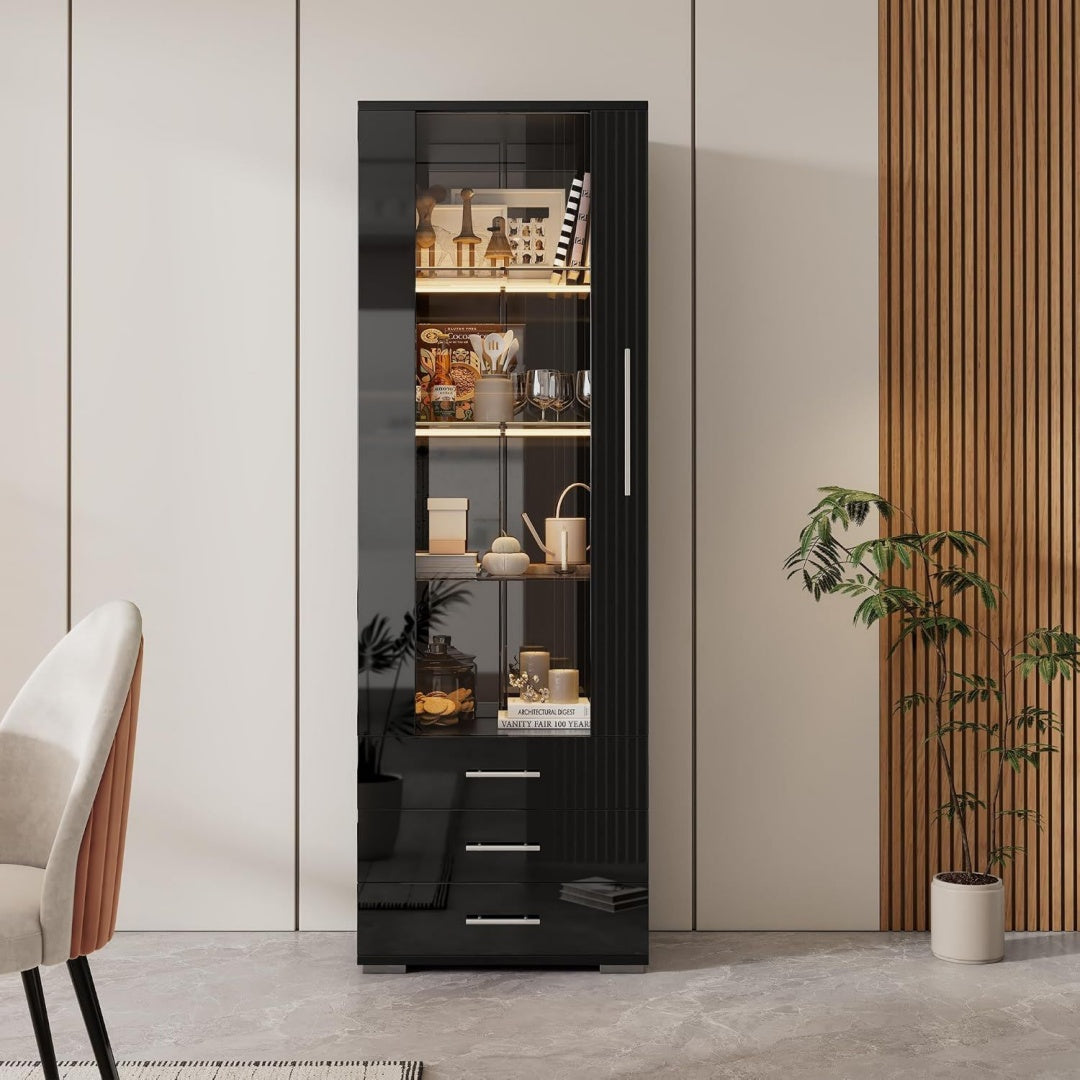 Buffet marron (60 x 35 x 180 cm), une porte, trois tiroirs