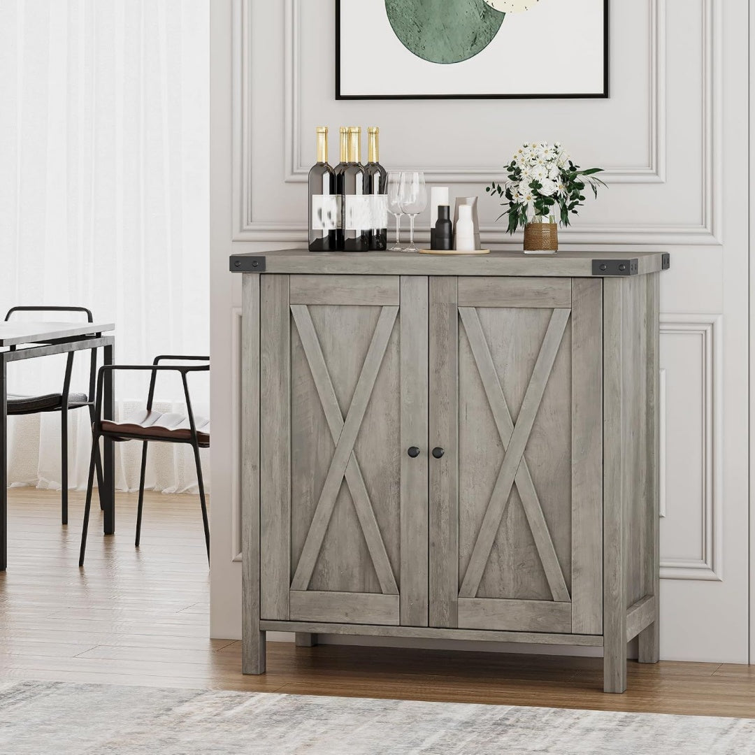 Polyvalent, buffet gris clair en bois style industriel avec rangement integre