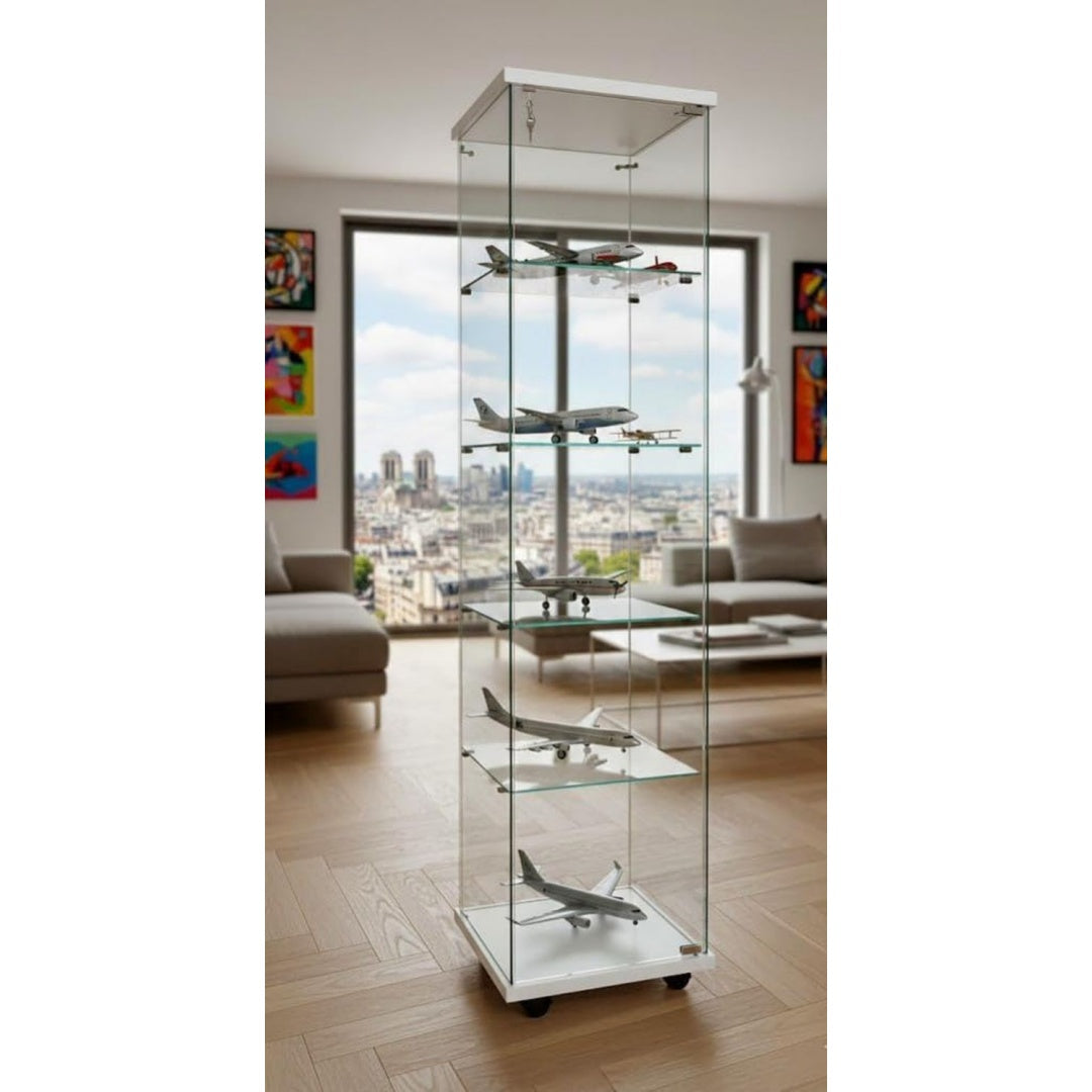 Vitrine gris, roulettes, solution de rangement moderne